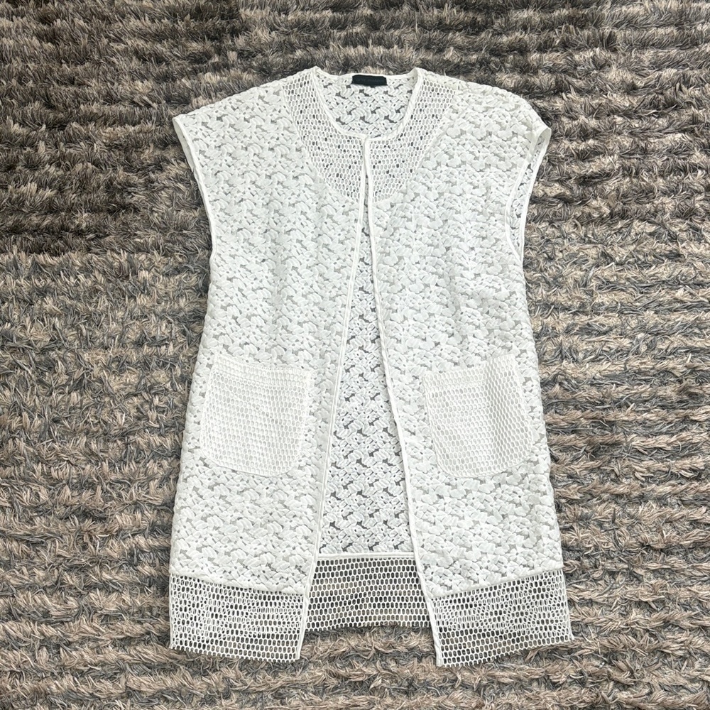 Steve Madden High Fashion White Mesh Lace Sleeveless Cardigan, One Size